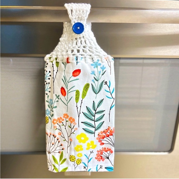 Hand Crafted Botanical Kitchen Towels with Crochet Top - Red, Yellow, Green - Picture 4 of 7